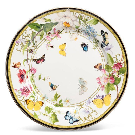Abbott Butterfly Garden cake plate, 7.5 inches, white with colorful butterflies and pink flowers, gold trim