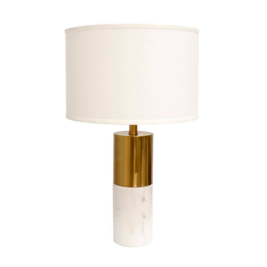 Pasargad Home Rhoda marble table lamp with white marble base, brass middle band, and cream linen shade