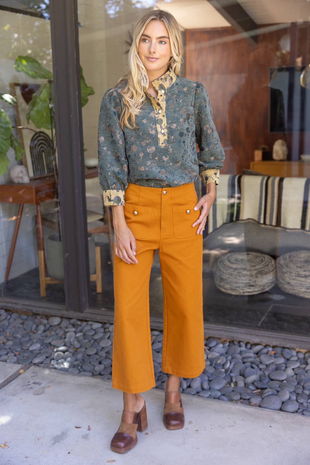 VOY - 37265 Quarter Button Color Contrast Floral  Jacqaurd Top