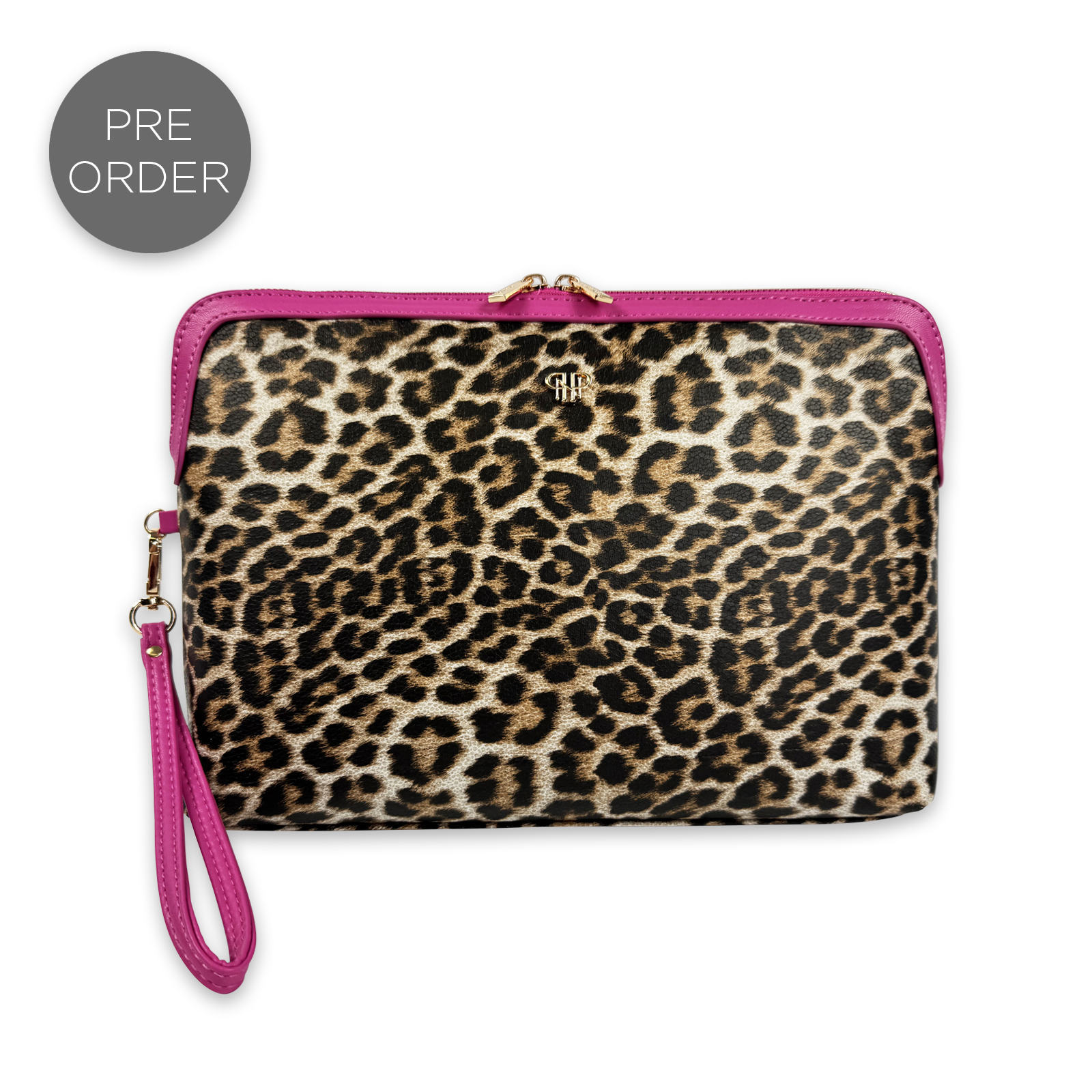 PurseN - NEW Litt Makeup Case - Fierce Leopard by PurseN features a striking leopard print design accented with pink trim, a convenient wrist strap, and gold-tone hardware. A small round "PRE ORDER" label is displayed at the top left corner. Set against a crisp white background, this eye-catching accessory is the perfect stylish alternative to your traditional large makeup case.