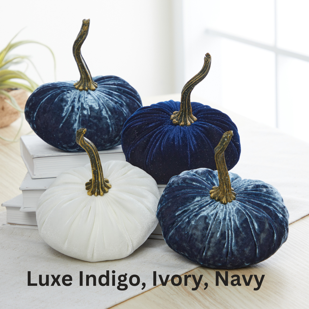 Four small velvet pumpkins by Your Heart’s Content in ivory, indigo, and navy rest atop white books near a window. The overlay reads, “Luxe Indigo, Ivory, Navy.” Each pumpkin features a long, textured gold stem—making them perfect for an elegant holiday mantel display or a stunning Thanksgiving centerpiece. Shop the Your Heart’s Content - Pumpkin Small Velvet collection for your Valentine’s mantel or autumn table décor.