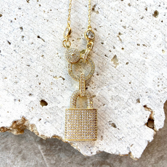 VB&CO Designs gold lock necklace with crystal-embellished square pendant and matching key charm on delicate chain