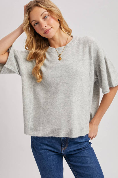 Bluivy - GATHERED SHORT SLEEVE BOXY KNIT SWEATER TOP