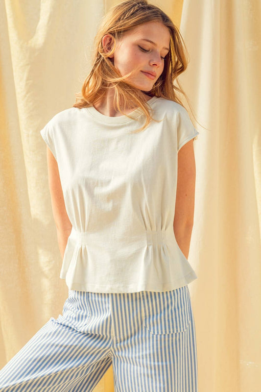 MIOU MUSE white cap sleeve top with round neck and waist ruching, back view