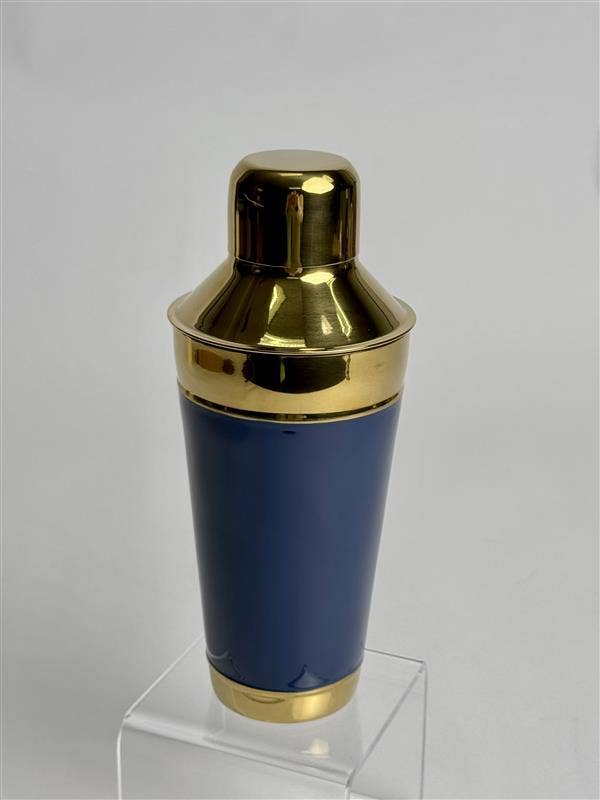 India Handicrafts hand-painted cocktail shaker with navy body, brass cap and base