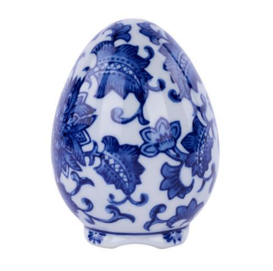 Dunn Deals 3" Porcelain Chinoiserie Egg with blue and white design featuring ornamental flowers and scrollwork