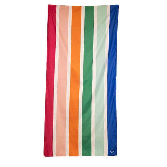The Royal Standard Summer Oasis Beach Towel with vertical rainbow stripes in red, peach, orange, green, mint, and navy