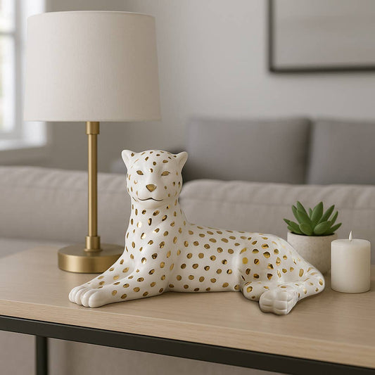 Sagebrook Home - Figurine White/Gold Ceramic Leopard Lying Down