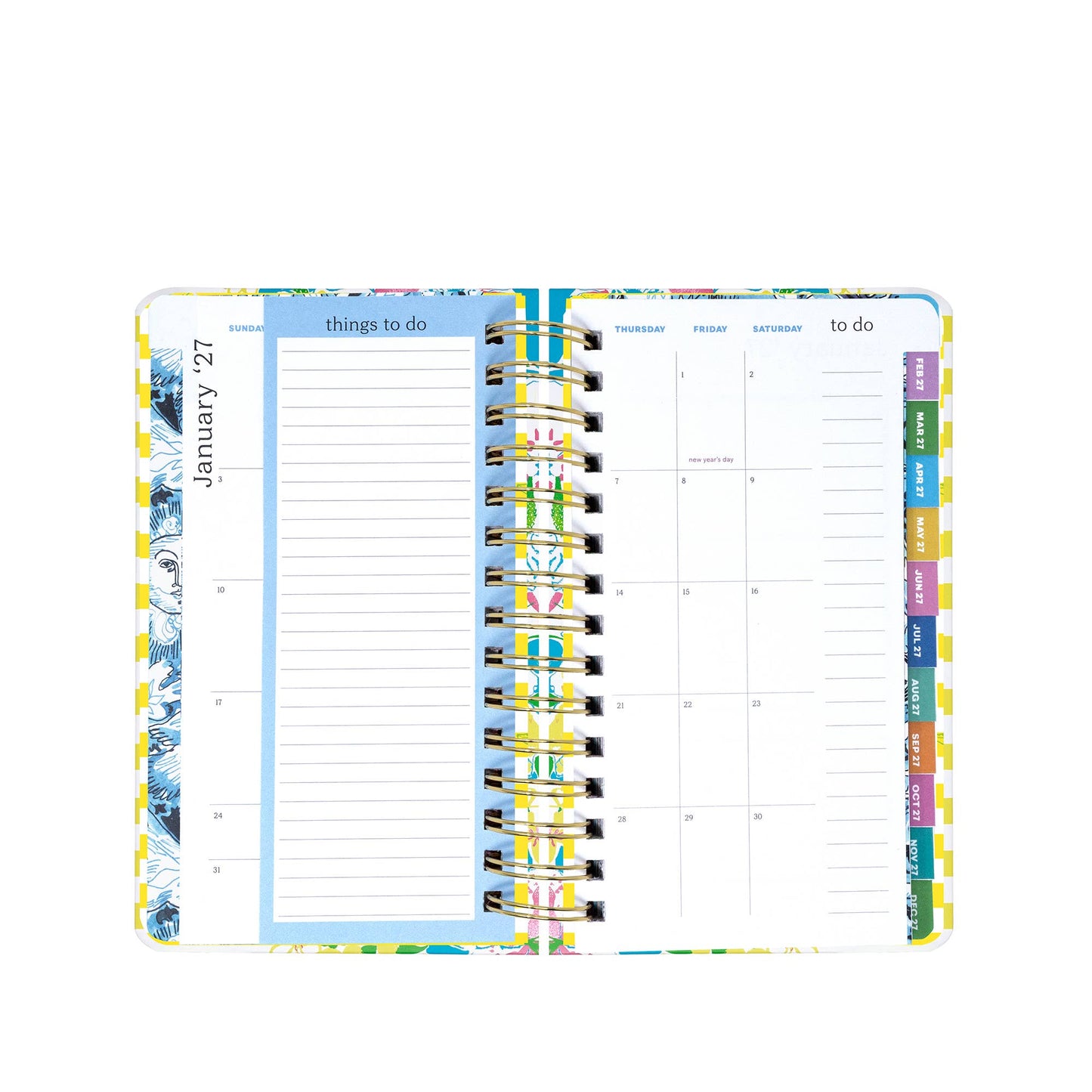 A Lilly Pulitzer by Lifeguard Press - Medium 17 Month Agenda, Lovely Lilly, lies open with a "things to do" list on the left page and a monthly calendar for January 2024 on the right. Vibrant tabs organized along the edge mark each month in this colorful planner.