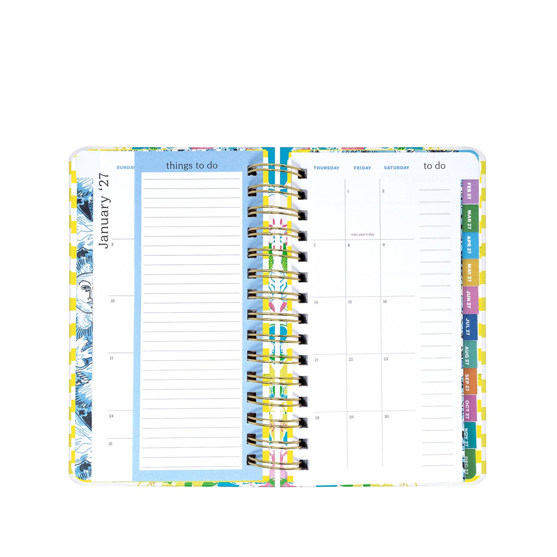 A Lilly Pulitzer by Lifeguard Press - Medium 17 Month Agenda, Lovely Lilly, lies open with a "things to do" list on the left page and a monthly calendar for January 2024 on the right. Vibrant tabs organized along the edge mark each month in this colorful planner.