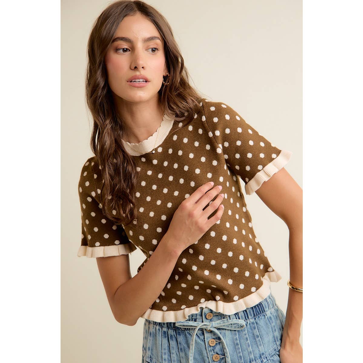 So Me - POLKA DOT RUFFLED SHORT SLEEVES SWEATER KNIT TOP