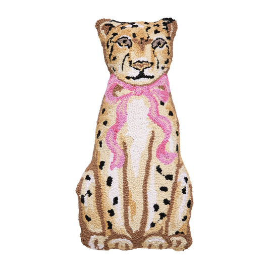 Peking Handicraft Shaped Leopard Hook Pillow with tan spotted cat wearing pink bow