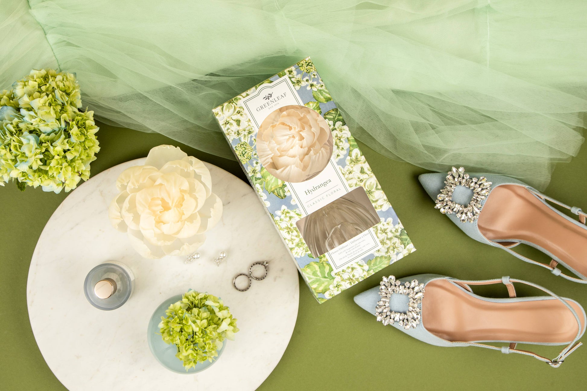 Greenleaf Gifts Hydrangea Flower Diffuser 4 Pack packaging with cream flower diffuser and decorative accessories on green background