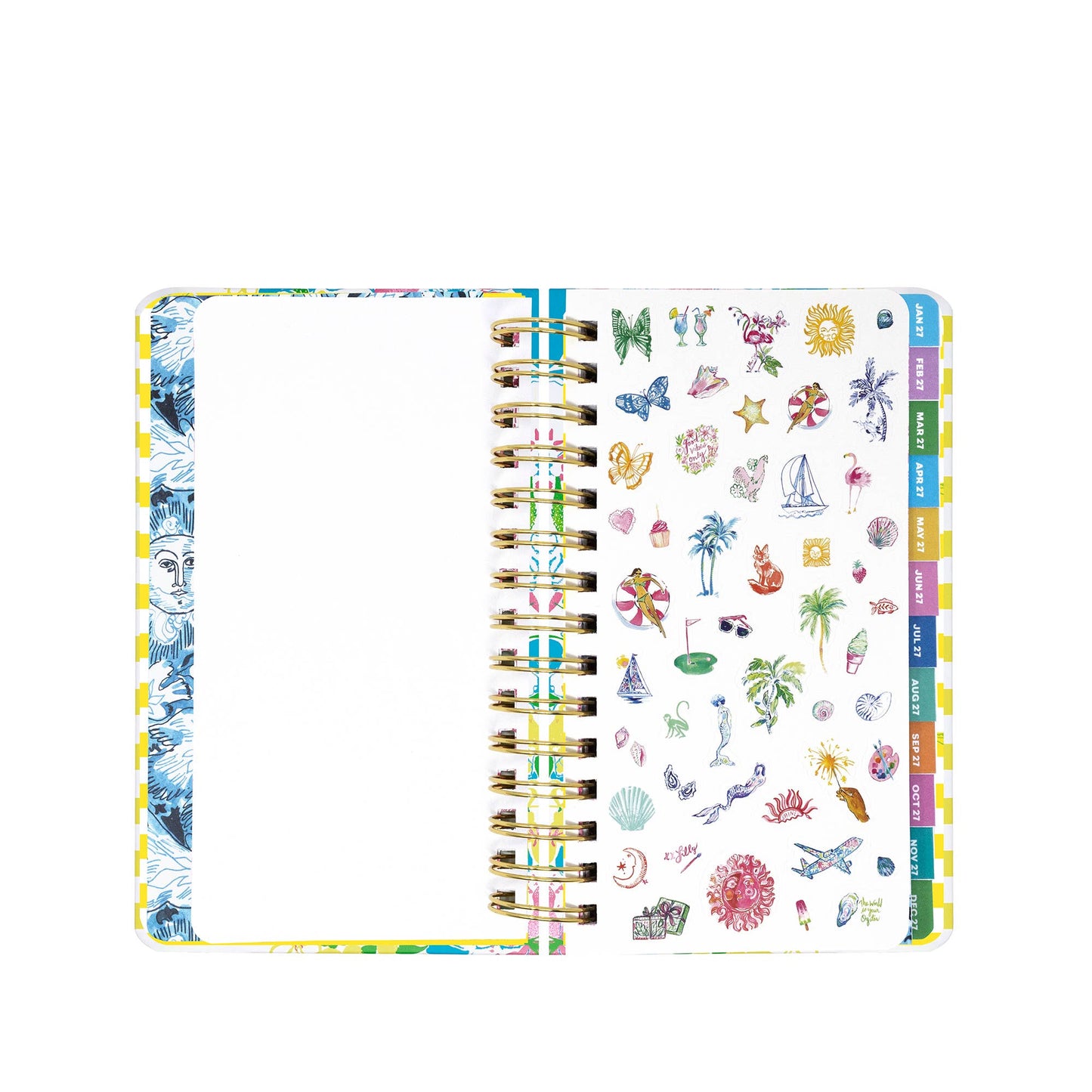An open Lilly Pulitzer by Lifeguard Press - Medium 17 Month Agenda, Lovely Lilly, featuring colorful tabs and pages; the left page is blank with a partial blue floral motif, while the right page displays an array of vibrant summer-themed stickers—ideal for brightening up your 2026-2027 planner or adding a stylish touch to your Lilly Pulitzer agenda.