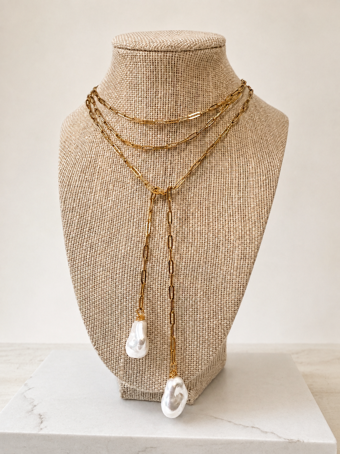 Cameron McIntosh Designs - Long Gold Chain Lariat Wrap Necklace w/ Faux Baroque Pearls