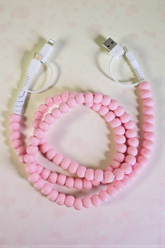 Nash Grey Light Pink Beaded Cord Charger with soft pink beads covering white cable and connectors