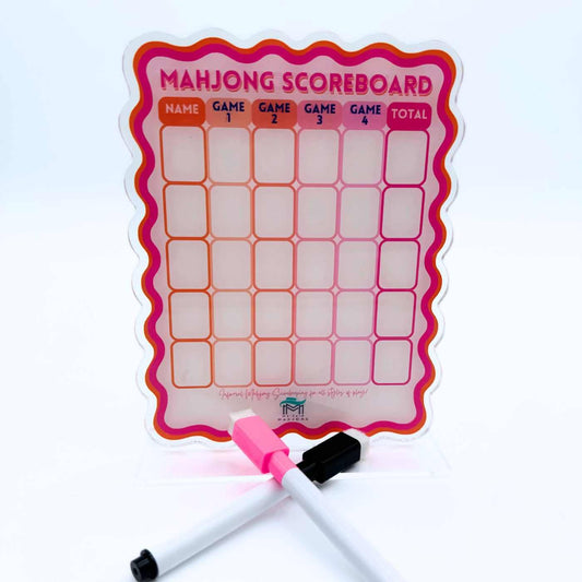 My Fair Mahjong scalloped dry erase scoreboard with hot pink and red border, includes pink and black markers