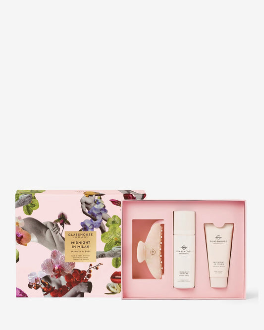Glasshouse Midnight in Milan Hair and Body Gift Set in pink box containing ceramic soap, shampoo, and body lotion with floral exterior