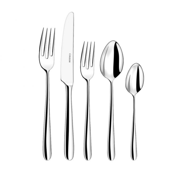 Five pieces of Couzon "Fusain" Stainless Flatware by Couzon are arranged on a white background: a dinner fork, a knife, a salad fork, a tablespoon, and a teaspoon, all featuring matching handles.