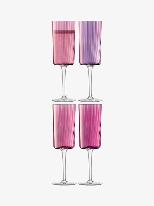 LSA Gems Champagne Flutes in Garnet, set of four with pink and purple ribbed glass bowls on clear stems