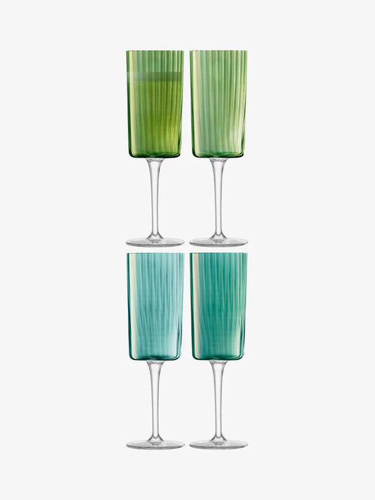 LSA Gems Champagne Flutes in Jade, set of four with green and teal ribbed glass bowls on clear stems
