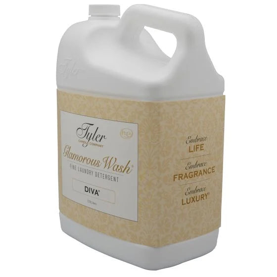 Tyler Glamorous Wash 128 oz laundry detergent with tan label and white bottle