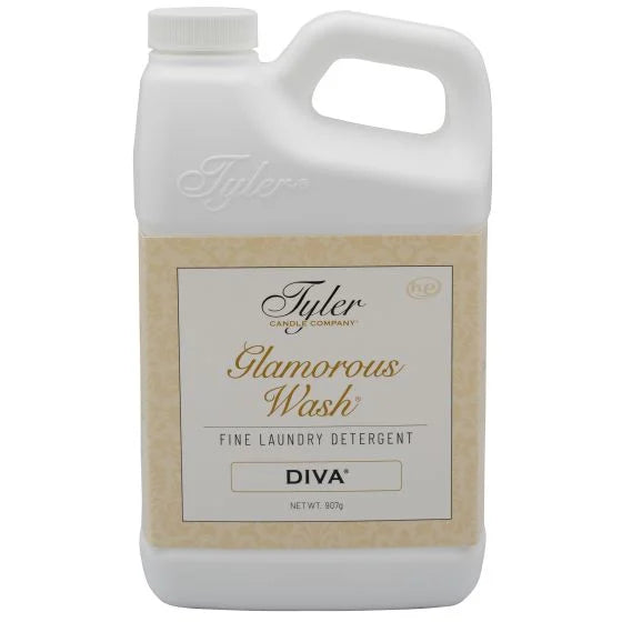 Tyler Glamorous Wash 32 oz fine laundry detergent, white jug with kraft label front view