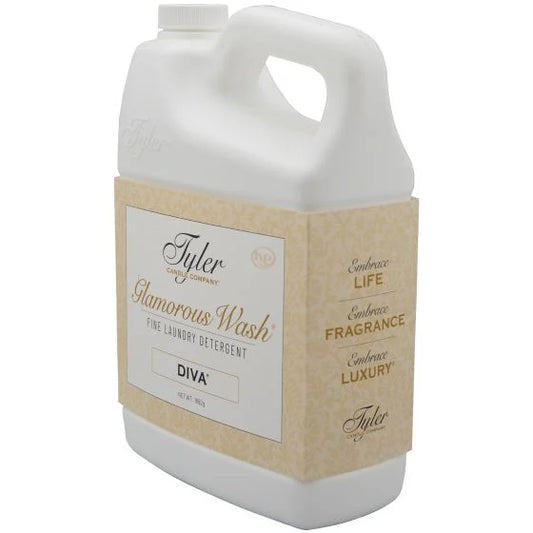 Tyler Glamorous Wash 64 oz fine laundry detergent with tan label and white container