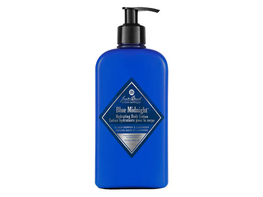Jack Black Blue Midnight Body Lotion 16 oz pump bottle in bright blue with black cap
