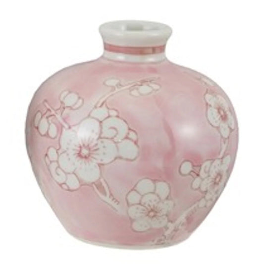 Hazel Mazel Cherry Blossoms Vase, pink bulbous ceramic with white cherry blossom and branch design, white rim