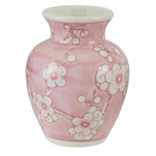 Hazel Mazel Cherry Blossoms Vase side view showing pink ceramic body with white cherry blossom clusters and branches throughout
