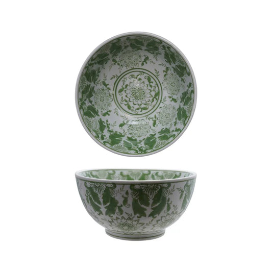 Hazel Mazel green pattern stoneware bowl shown from top and side view with cream glaze and botanical motifs