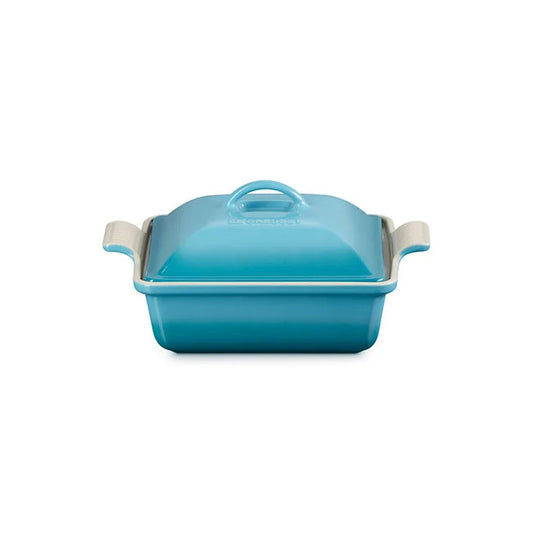 Le Creuset Heritage square casserole in Caribbean blue with lid and cream handles