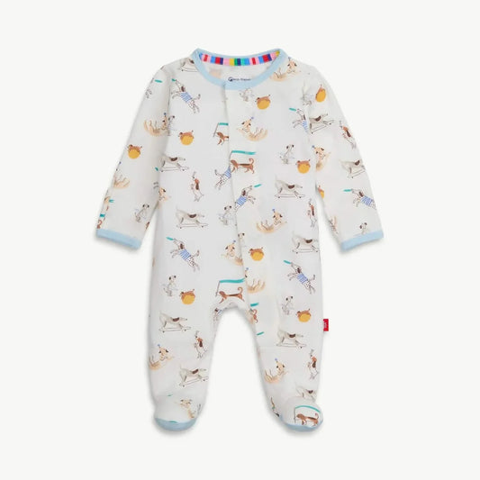 Magnetic Me Howlarious magnetic footie in light gray with playful dog print, blue trim, and colorful collar