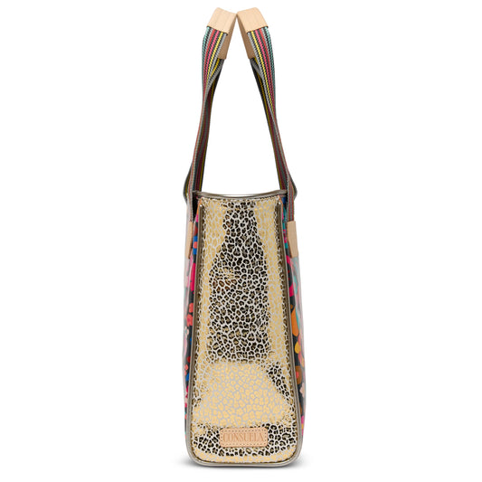 Consuela Classic Tote Amelie side view showing tan canvas with leopard print pattern and striped handles