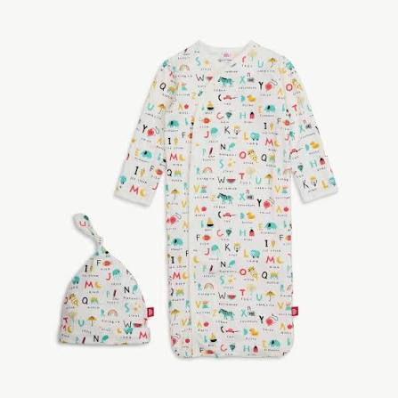 Magnetic Me ABC Love gown set in cream with colorful alphabet and animal print, includes matching knot hat