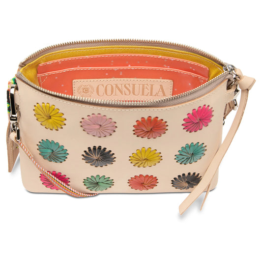 Consuela Midtown Crossbody Paloma unzipped showing colorful daisy lining and interior