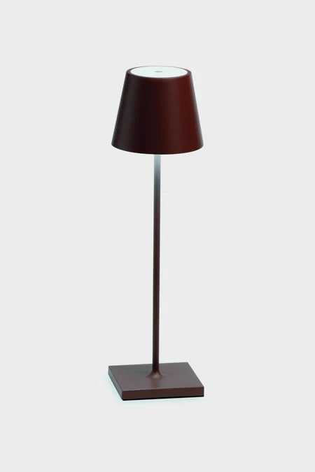 Zodax brown rechargeable table lamp with tapered shade and square base