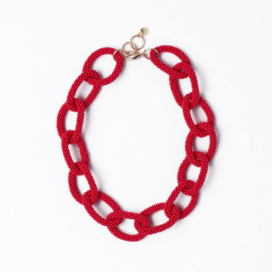 Ink + Alloy Gameday Chain Link beaded necklace in red, flat lay