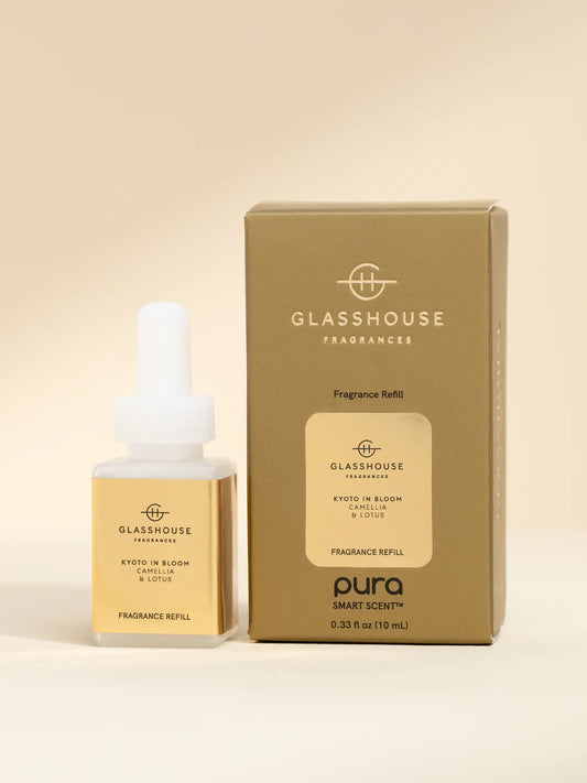 Glasshouse Kyoto in Bloom Pura fragrance refill with pale gold bottle and matching tan box packaging