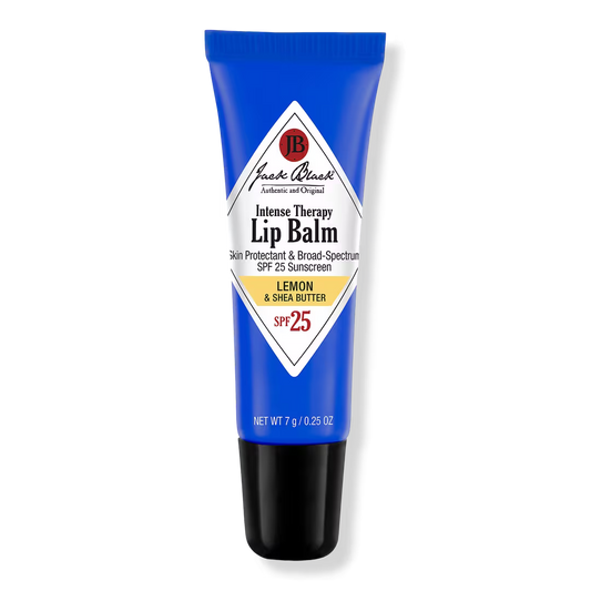 Jack Black Intense Therapy Lip Balm in Lemon & Shea Butter, blue tube with black base and SPF 25