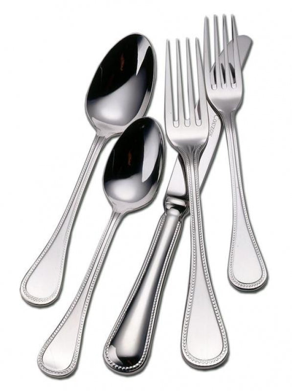 Five pieces of Couzon "Le Perle" Stainless Flatware—including two forks, two spoons, and a knife—are arranged on a white surface. Each utensil features a simple beaded border design along the handle.