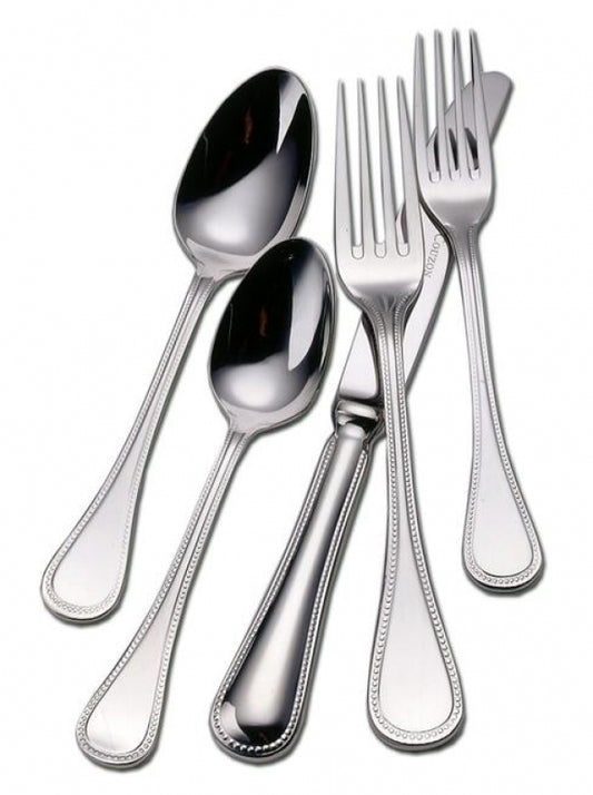 Five pieces of Couzon "Le Perle" Stainless Flatware—including two forks, two spoons, and a knife—are arranged on a white surface. Each utensil features a simple beaded border design along the handle.
