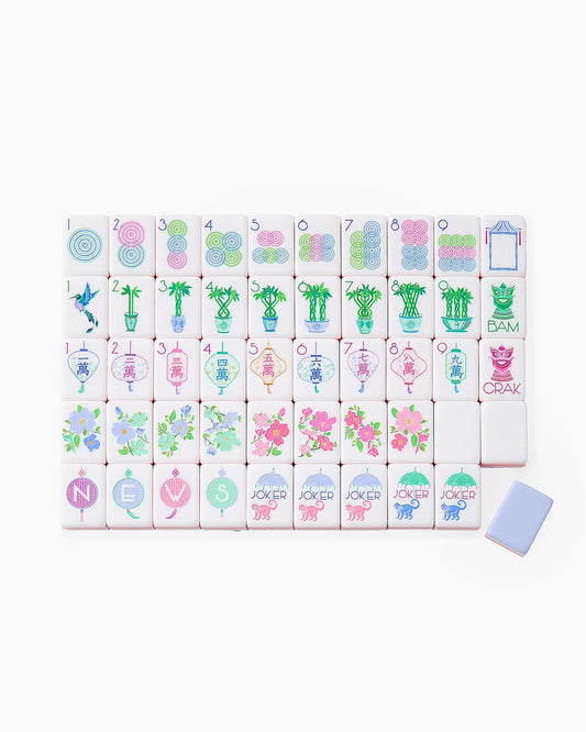 Oh My Mahjong Luminaire Tiles arranged in neat rows displaying all tiles with colorful circles, bamboo, lanterns, flowers, and jokers on white