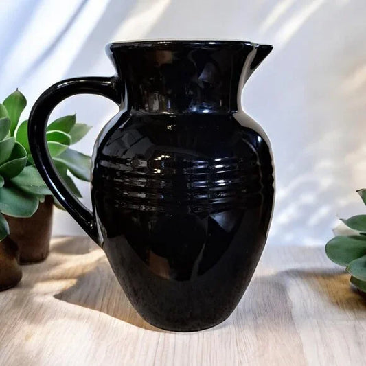 Le Creuset Black 2qt Pitcher with glossy finish and handle, styled with potted plants