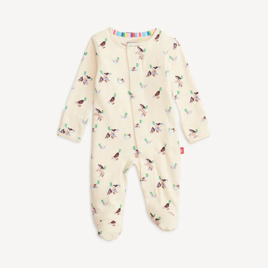 Magnetic Me Quack Me Up organic cotton magnetic footie in cream with scattered duck and plant motifs