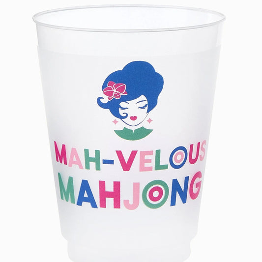 Oh My Mahjong Mah-velous Cup in white with blue-haired woman illustration and multicolor text saying 'MAH-VELOUS MAHJONG'