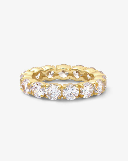 Melinda Maria Grand Heiress Ring in gold with decorative twisted band and row of round cubic zirconia stones