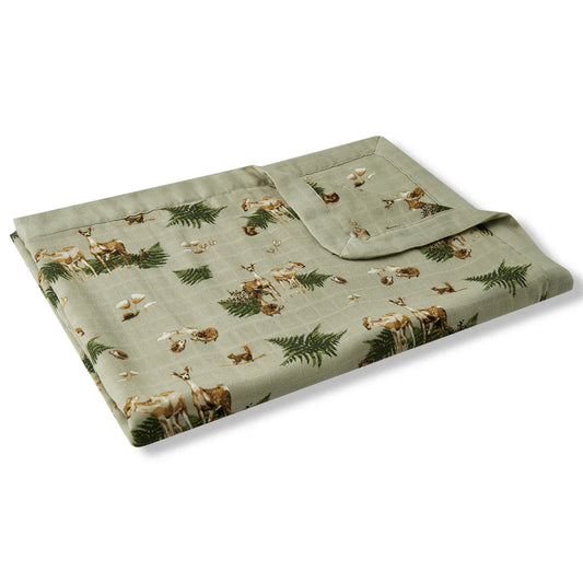 Milkbarn Bamboo Big Lovey in sage green with woodland animals and fern print, folded flat