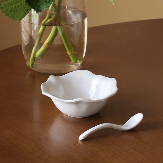 Beatriz Ball Vida Havana white mini bowl with matching spoon, displayed on wood surface